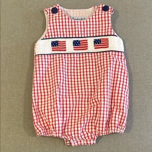 Red Gingham Baby Romper with Smocked Flag Detail
